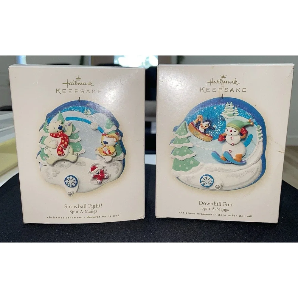Snowball Fight & Downhill Fun Ornaments. 2008 Spin-A-Majigs. Both Work! Hallmark